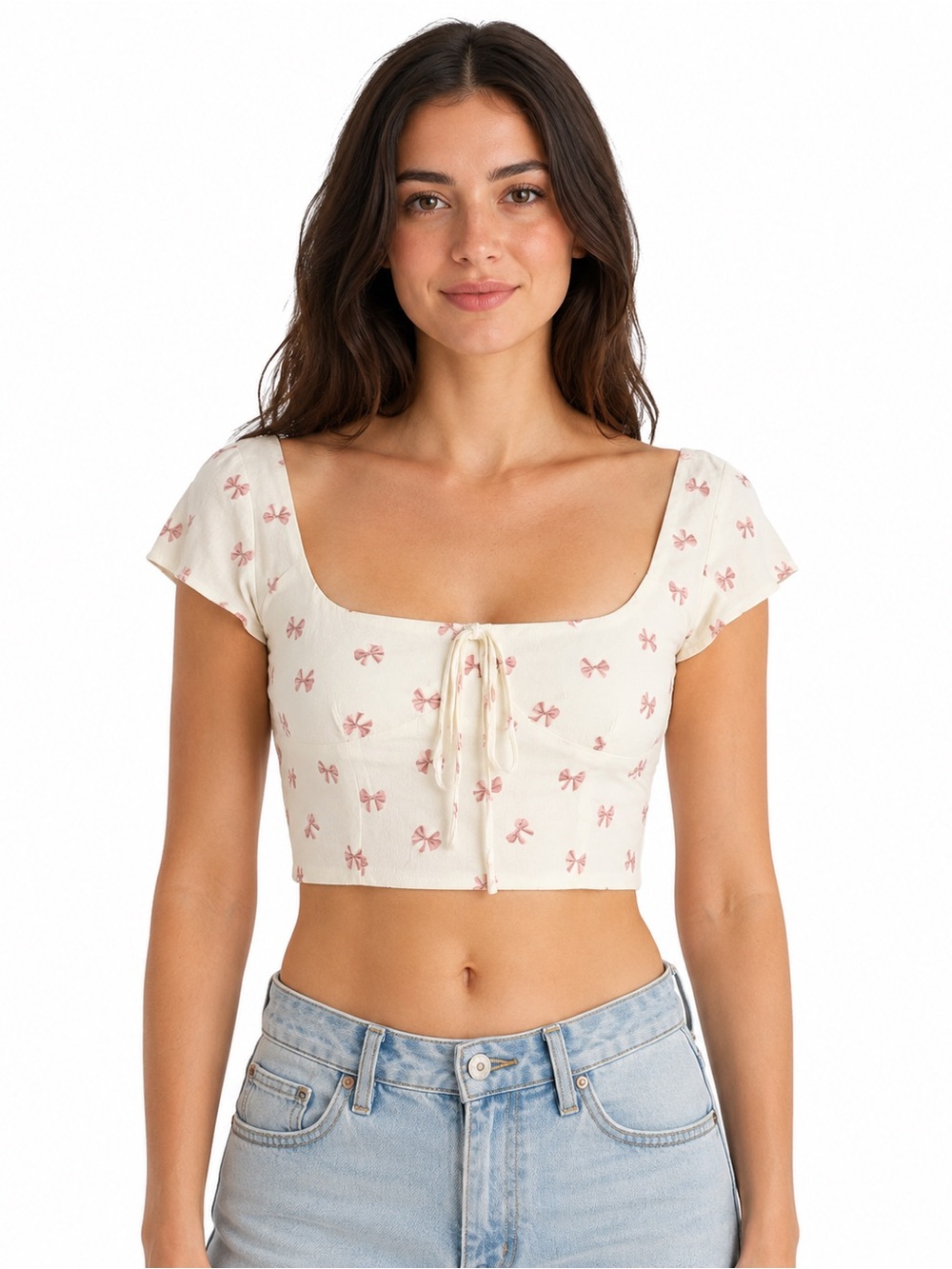 Forever 21 Cream Pink Bow Print Tie Front Crop Top Size Medium